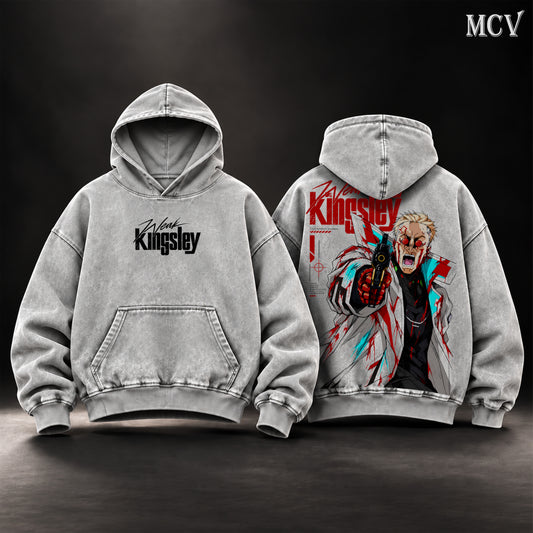 Weak Kingsley Cyberpunk Edgerunners Vintage Washed Oversized Hoodie, Double-Sided Anime Graphic Pullover, Cybernetic Gunfighter Character Design, Futuristic Night City Artwork, Retro Y2K Streetwear, Unisex Cyberpunk Fan Gift