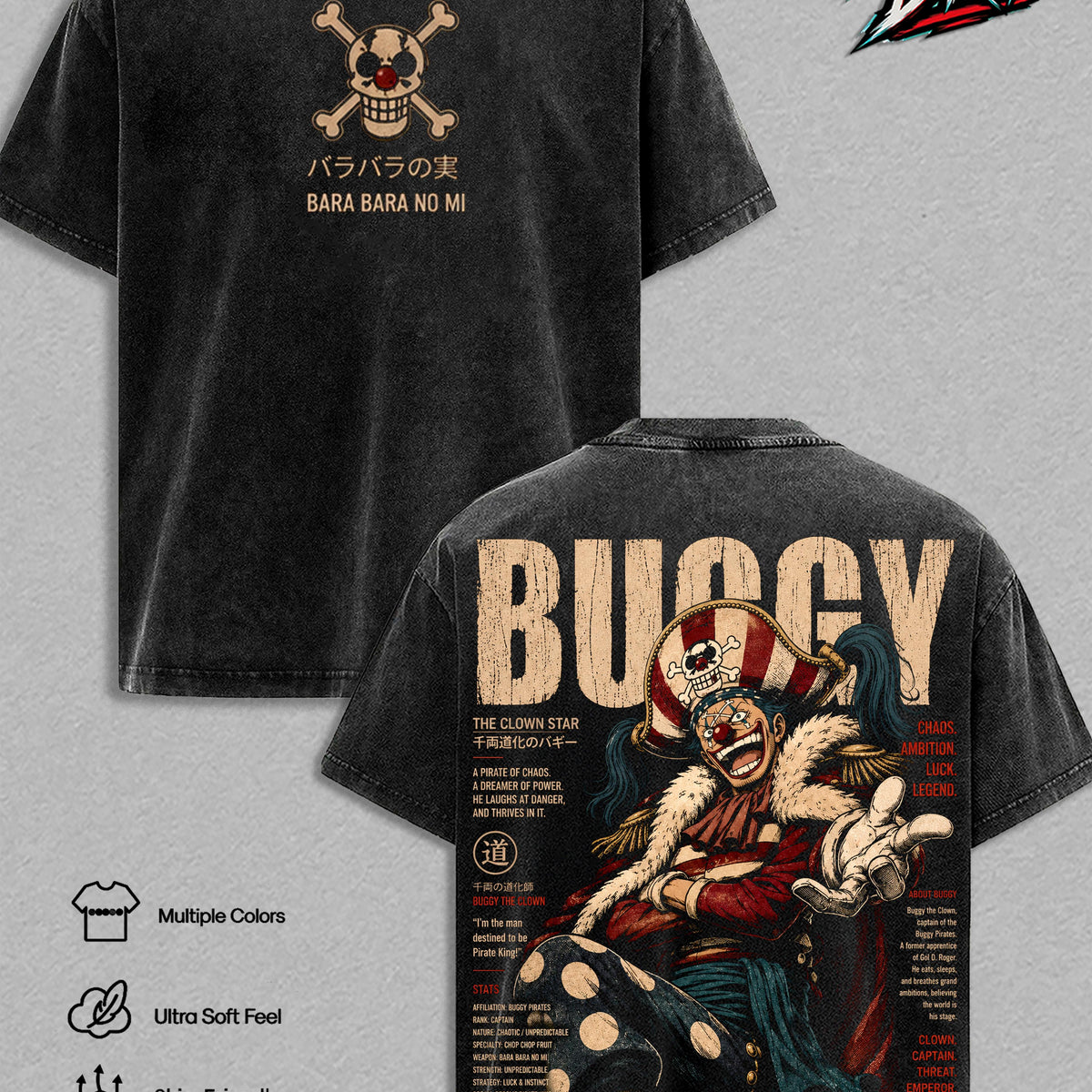 Buggy the Clown Vintage Washed T-Shirt - Anime Graphic Tee Oversized Japanese Streetwear Top Cotton Tshirt Classic Menswear Clothes Apparel Gift for Anime Fans Men & Women