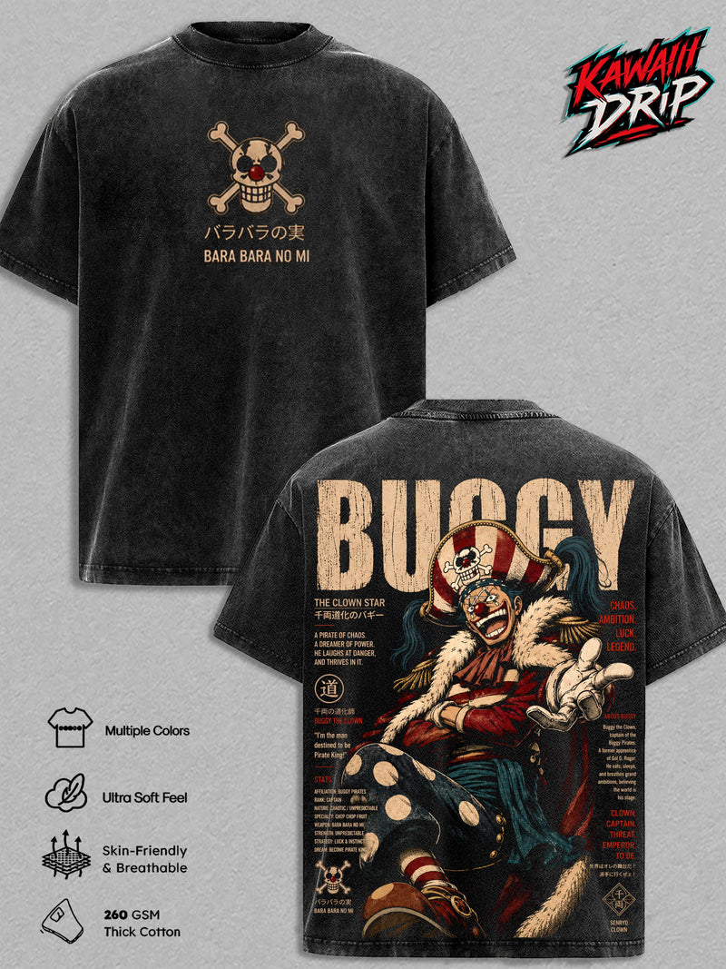 Buggy the Clown Vintage Washed T-Shirt - Anime Graphic Tee Oversized Japanese Streetwear Top Cotton Tshirt Classic Menswear Clothes Apparel Gift for Anime Fans Men & Women