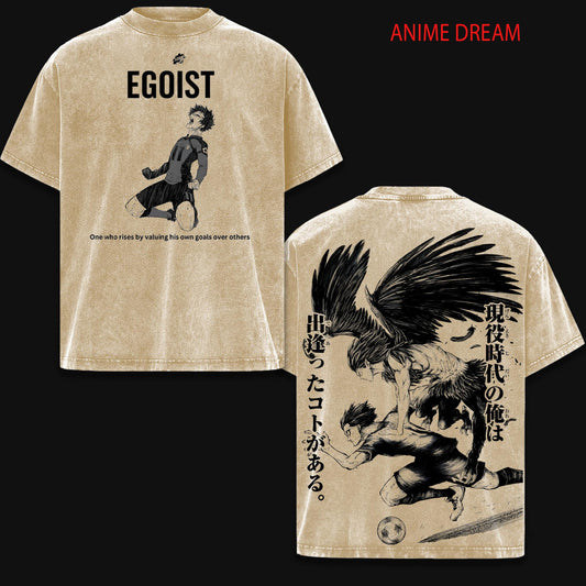 Isagi Yoichi Blue lock Anime Double Printed Vintage Washed Tee Unisex Oversize Anime Manga Washed Heavyweight Cotton T-shirt