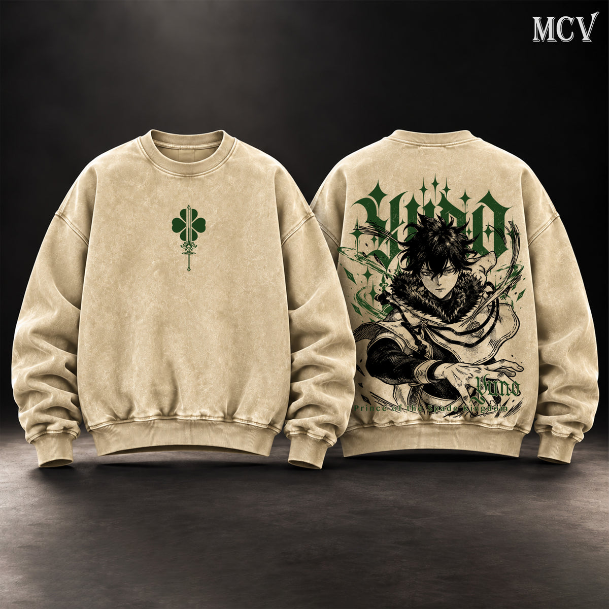 Yuno Black Clover Vintage Washed Oversized Sweatshirt, Double-Sided Anime Graphic Crewneck, Prince of the Spade Kingdom Design, Green Four Leaf Clover Emblem, Retro 90s Y2K Streetwear, Unisex Black Clover Fan Gift