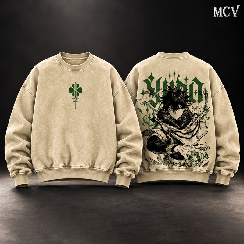 Yuno Black Clover Vintage Washed Oversized Sweatshirt, Double-Sided Anime Graphic Crewneck, Prince of the Spade Kingdom Design, Green Four Leaf Clover Emblem, Retro 90s Y2K Streetwear, Unisex Black Clover Fan Gift
