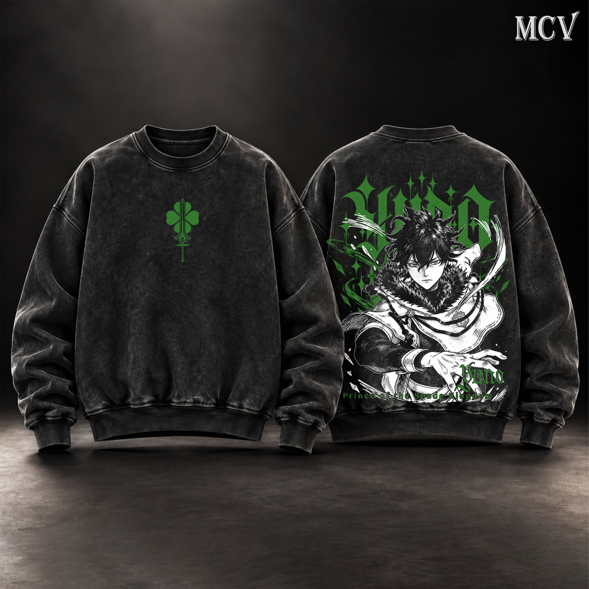 Yuno Black Clover Vintage Washed Oversized Sweatshirt, Double-Sided Anime Graphic Crewneck, Prince of the Spade Kingdom Design, Green Four Leaf Clover Emblem, Retro 90s Y2K Streetwear, Unisex Black Clover Fan Gift