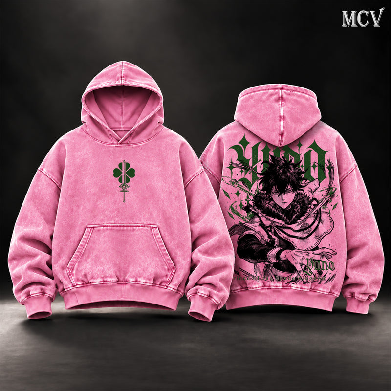 Yuno Black Clover Vintage Washed Oversized Hoodie, Double-Sided Anime Graphic Pullover, Prince of the Spade Kingdom Design, Retro Y2K Streetwear, Unisex Black Clover Fan Gift