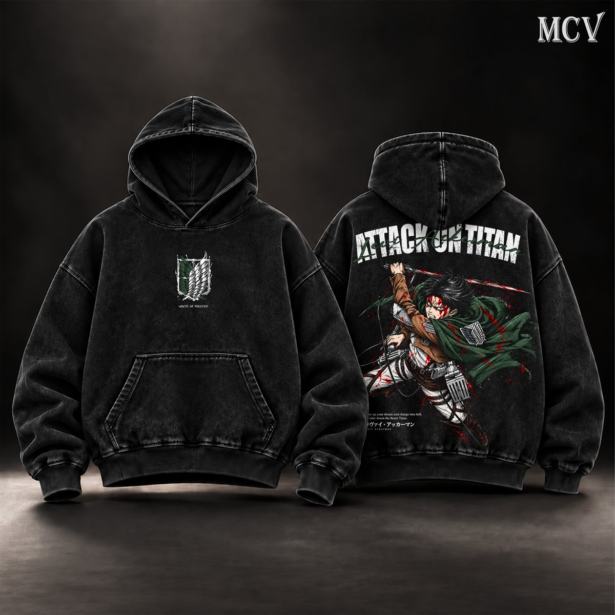 Levi Ackerman Attack on Titan Vintage Washed Oversized Hoodie, Double-Sided Anime Graphic Pullover, Survey Corps Wings of Freedom Scout Regiment Design, Retro 90s Y2K Streetwear, Unisex AOT Fan Gift