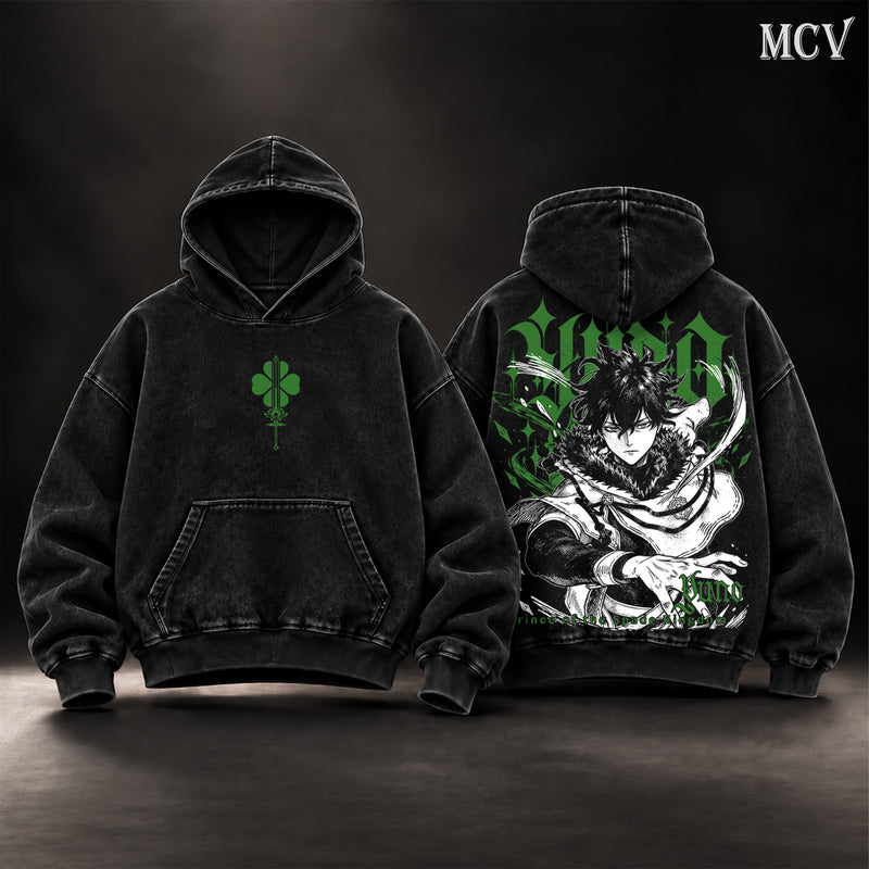 Yuno Black Clover Vintage Washed Oversized Hoodie, Double-Sided Anime Graphic Pullover, Prince of the Spade Kingdom Design, Retro Y2K Streetwear, Unisex Black Clover Fan Gift
