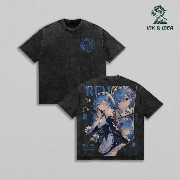 Rem Re:ZERO Vintage Washed Heavyweight Cotton T-Shirt, Re:Zero Starting Life in Another World Blue Maid Anime Graphic Tee, Double Sided Oversized Streetwear Shirt, Retro Waifu Manga Unisex Fan Gift
