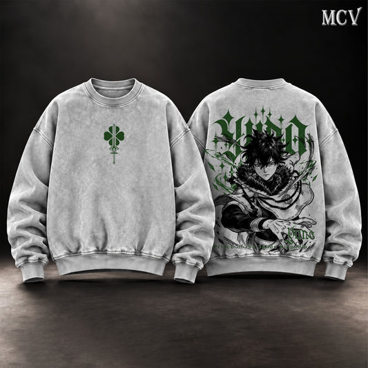 Yuno Black Clover Vintage Washed Oversized Sweatshirt, Double-Sided Anime Graphic Crewneck, Prince of the Spade Kingdom Design, Green Four Leaf Clover Emblem, Retro 90s Y2K Streetwear, Unisex Black Clover Fan Gift