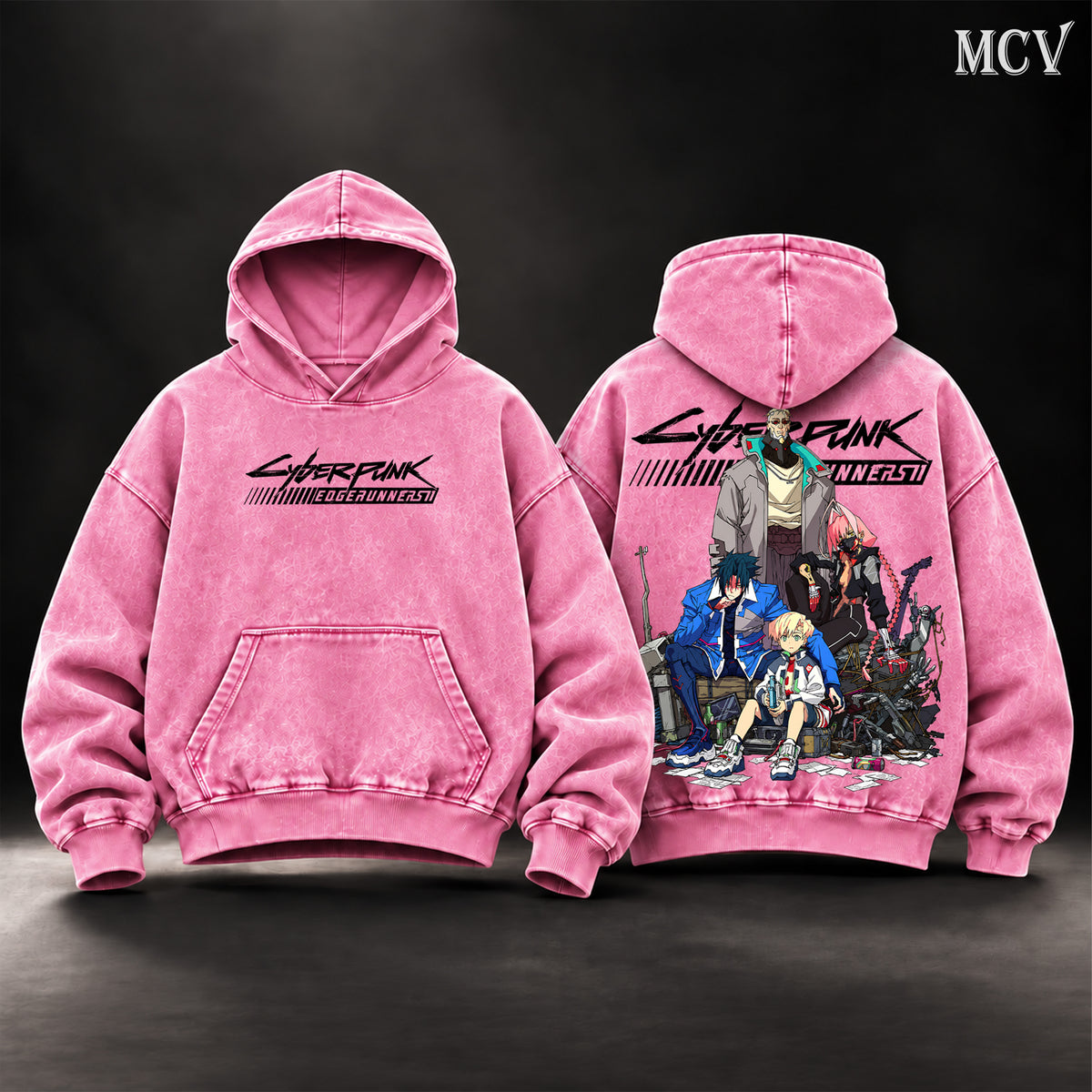Cyberpunk Edgerunners Vintage Washed Oversized Hoodie, Double-Sided Anime Graphic Pullover, David Martinez & Lucy Night City Crew Design, Retro 90s Y2K Streetwear, Unisex Cyberpunk Anime Fan Gift