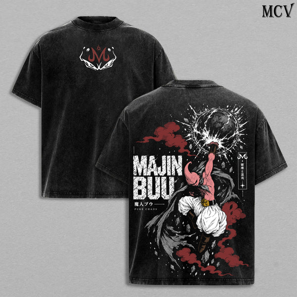 Majin Buu Dragon Ball Z Vintage Washed Oversized T-Shirt, Double-Sided Kid Buu Anime Graphic Tee, Pure Chaos Planet Destruction Artwork, Retro 90s Y2K Streetwear, Unisex DBZ Fan Gift