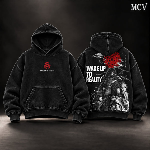 Madara Uchiha Naruto Vintage Washed Oversized Hoodie, Wake Up to Reality Anime Graphic Pullover, Double-Sided Sharingan Moon Design, Retro Y2K Streetwear, Unisex Naruto Fan Gift