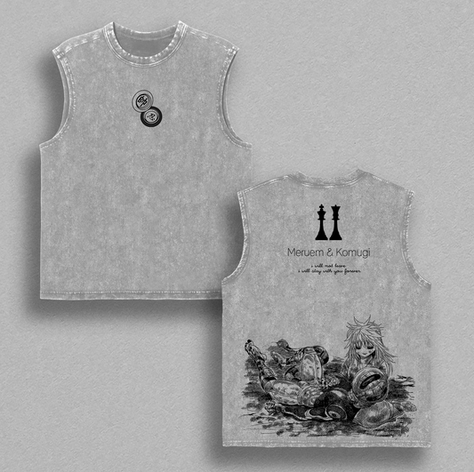 Meruem & Komugi Hunter x Hunter Vintage Washed T-Shirt, Emotional Final Scene Retro Manga Graphic Tee, Oversized Beige Anime Streetwear Heavy Cotton Top