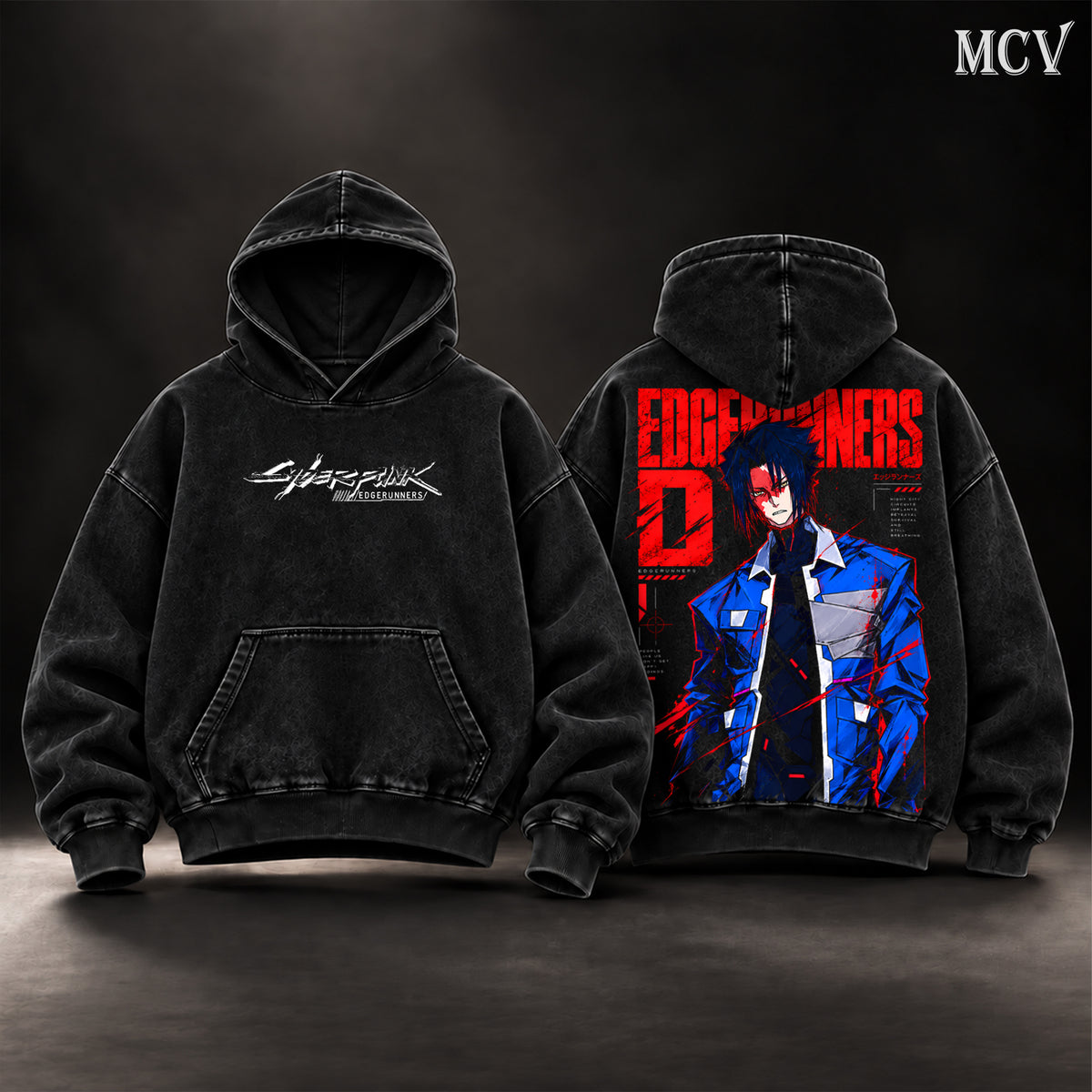 D Cyberpunk Edgerunners Vintage Washed Oversized Hoodie, Double-Sided Anime Graphic Pullover, Blue Jacket Cyberpunk Warrior Design, Futuristic Night City Artwork, Retro Y2K Streetwear, Unisex Cyberpunk Anime Fan Gift