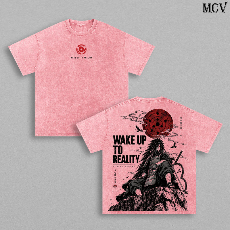 Madara Uchiha Naruto Shippuden Vintage Washed Oversized T-Shirt, Double-Sided Wake Up to Reality Anime Graphic Tee, Red Sharingan Moon Design, Retro 90s Y2K Streetwear, Unisex Naruto Fan Gift
