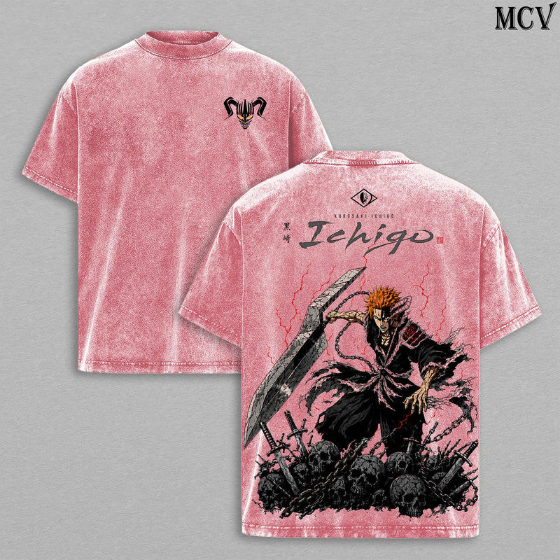 Kurosaki Ichigo Bleach Tee – Ichigo Kurosaki Vintage Washed T-Shirt | Bankai Tensa Zangetsu | TYBW The Calamity Anime Manga Graphic Tee | Heavy Cotton Unisex Oversized Streetwear Top