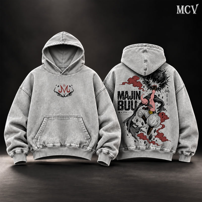 Majin Buu Dragon Ball Z Vintage Washed Oversized Hoodie, Double-Sided Kid Buu Anime Graphic Pullover, Pure Chaos Destruction Artwork, Retro 90s Y2K Streetwear, Unisex DBZ Fan Gift