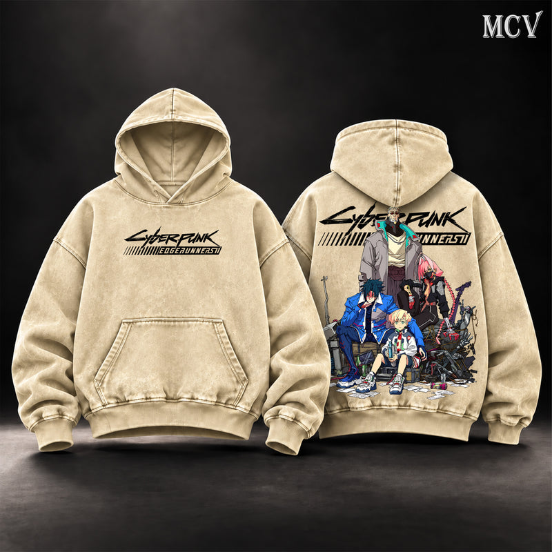 Cyberpunk Edgerunners Vintage Washed Oversized Hoodie, Double-Sided Anime Graphic Pullover, David Martinez & Lucy Night City Crew Design, Retro 90s Y2K Streetwear, Unisex Cyberpunk Anime Fan Gift