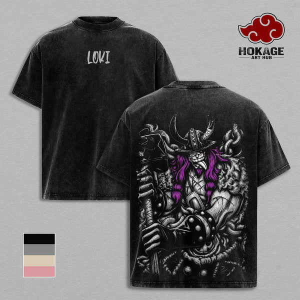 Loki Washed Tee – One Piecee Anime Elbaf Giant Prince Manga Graphic Double Printed T-Shirt, Menswear Heavy Cotton Unisex Oversize Streetwear Vintage Anime Tee