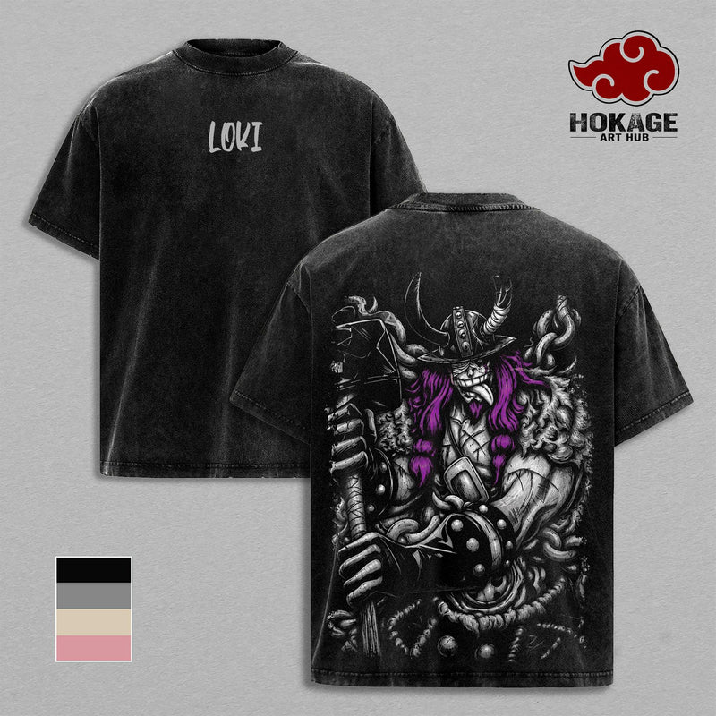 Loki Washed Tee – One Piecee Anime Elbaf Giant Prince Manga Graphic Double Printed T-Shirt, Menswear Heavy Cotton Unisex Oversize Streetwear Vintage Anime Tee