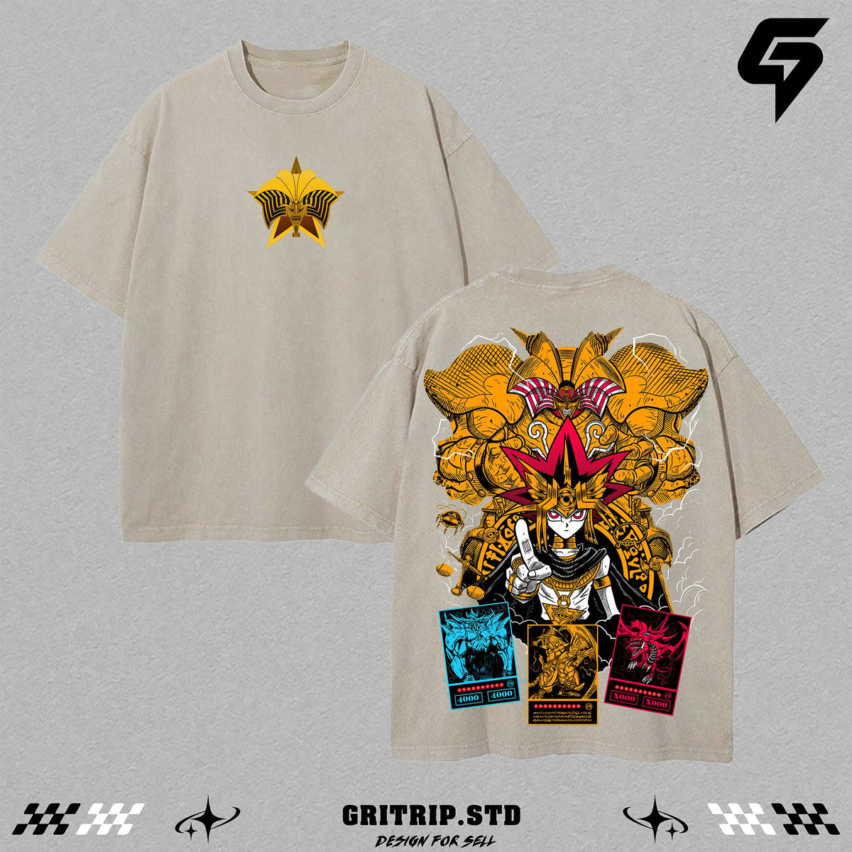 Yami Yugi Duel Monsters Oversized Tee | Yu-Gi-Oh Anime Double Printed Washed Shirt | Unisex Manga Washed Heavyweight Cotton | Egyptian God Cards Vintage Top | Dark Magician Pharaoh Aesthetic Streetwear