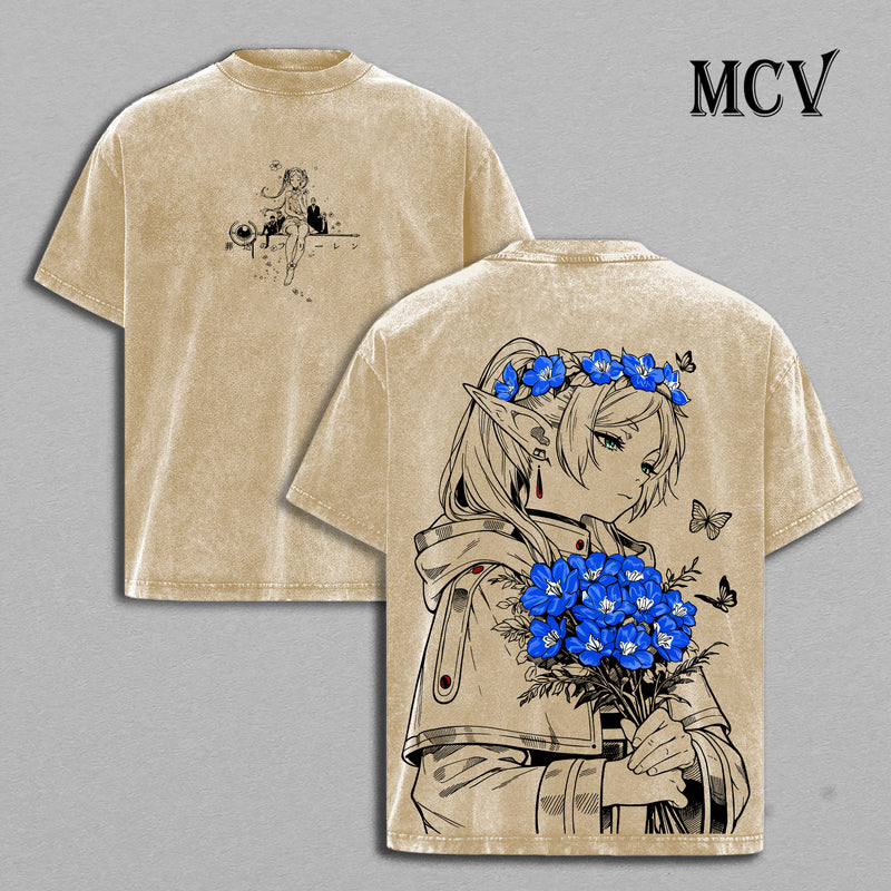 Frieren Anime Shirt, Elf Mage Fantasy Vintage Washed Graphic Tee