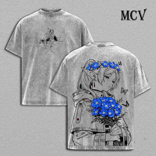Frieren Anime Shirt, Elf Mage Fantasy Vintage Washed Graphic Tee