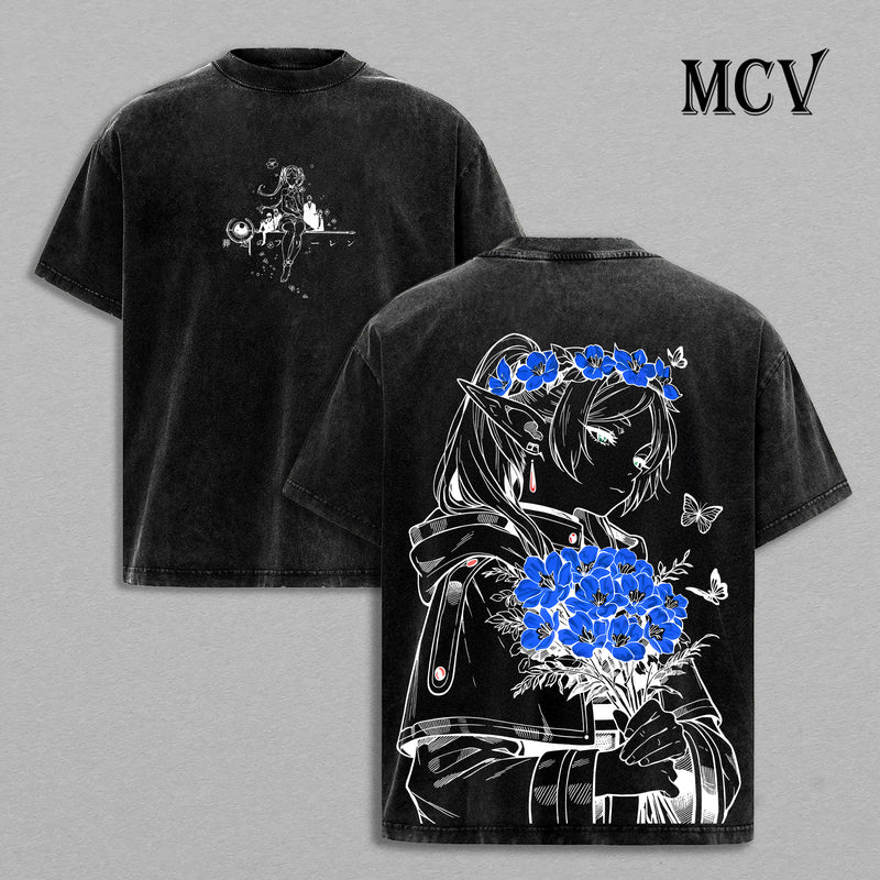 Frieren Anime Shirt, Elf Mage Fantasy Vintage Washed Graphic Tee