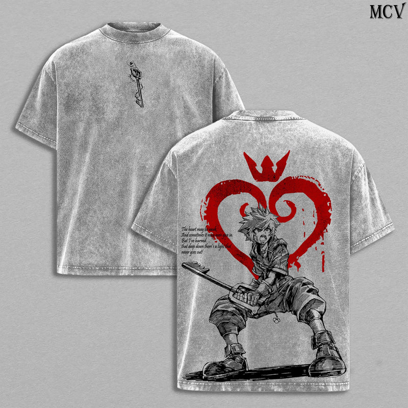 Sora Kingdom Hearts Tee Washed – Kingdom Hearts Vintage Washed Heavy Cotton Oversized Graphic T-Shirt & Hoodie, Retro Anime Game Crossover Streetwear, Keyblade Wielder Heartless Emblem Edition, Unisex Aesthetic Top