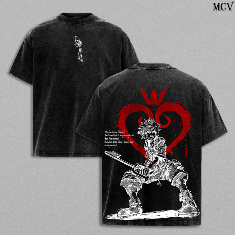 Sora Kingdom Hearts Tee Washed – Kingdom Hearts Vintage Washed Heavy Cotton Oversized Graphic T-Shirt & Hoodie, Retro Anime Game Crossover Streetwear, Keyblade Wielder Heartless Emblem Edition, Unisex Aesthetic Top