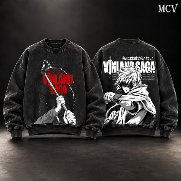 Thorfinn Vinland Saga Vintage Washed Oversized Sweatshirt, Double-Sided Anime Graphic Crewneck, I Have No Enemies Viking Warrior Design, Thorfinn Dagger Manga Artwork, Retro 90s Y2K Streetwear, Unisex Vinland Saga Fan Gift