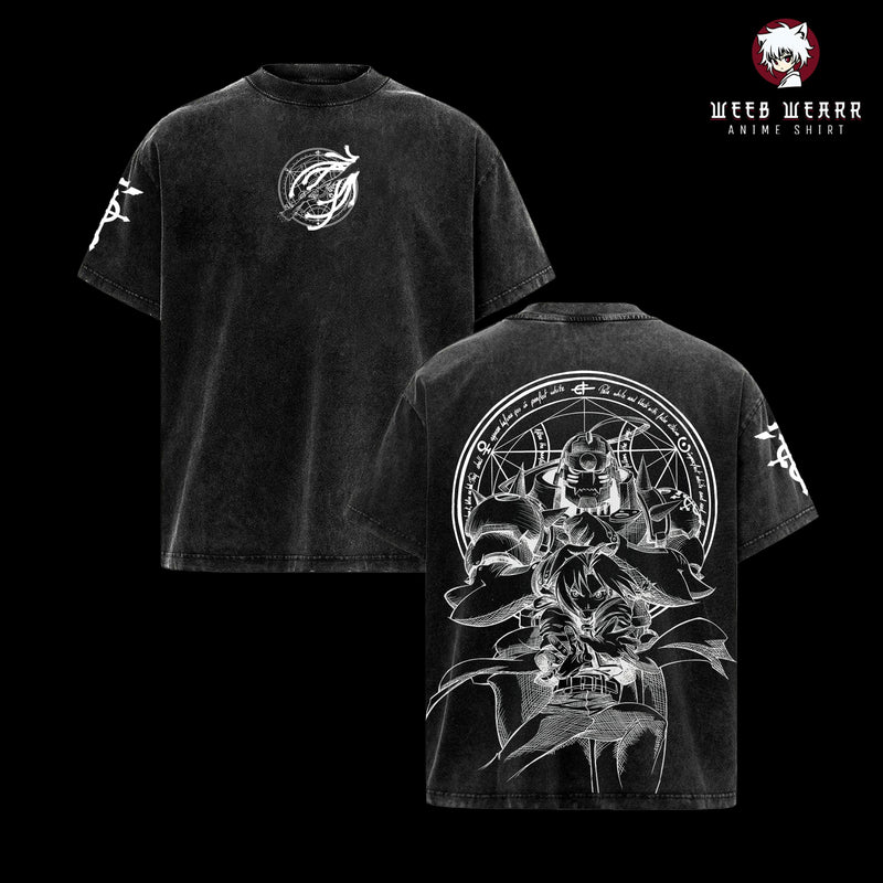 Fullmetal Alchemist Edward & Alphonse Elric Shirt – Vintage Washed Oversized Heavy Cotton Anime Graphic T-Shirt, Retro Manga Streetwear Top FMA Merch
