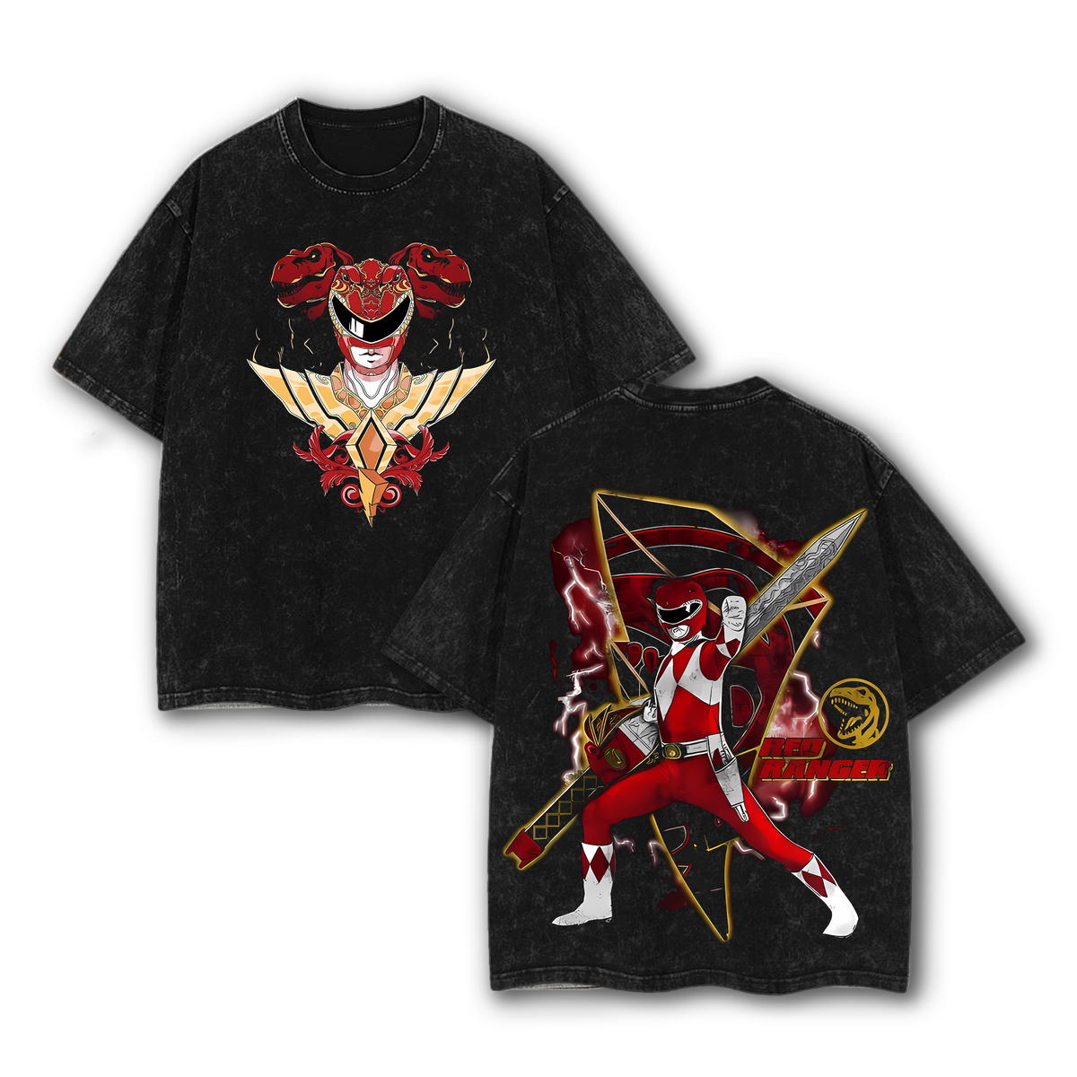 Godzilla with Red Ranger Mighty Morphin Power Rangers Anime Double Printed Vintage Washed Tee