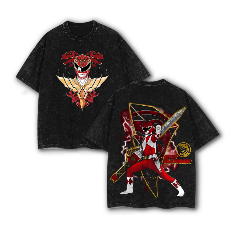 Godzilla with Red Ranger Mighty Morphin Power Rangers Anime Double Printed Vintage Washed Tee