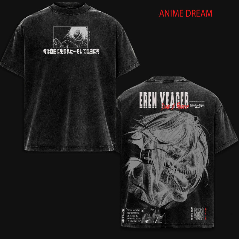 Eren Yeager ATTACK ON TITAN Anime Double Printed Vintage Washed Tee Unisex Oversize Anime Manga Washed Heavyweight Cotton T-shirt