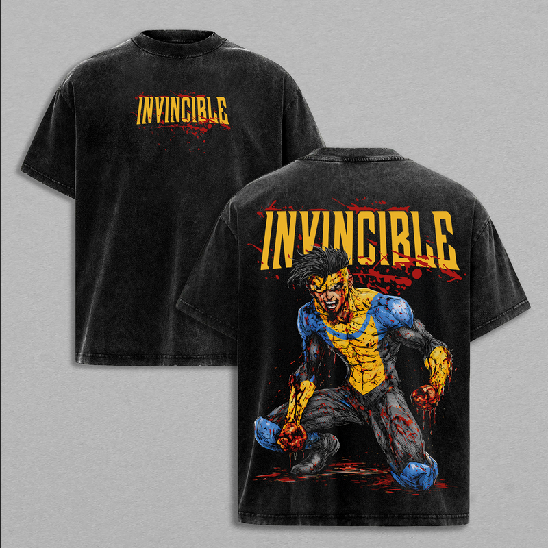 Invincible Viltrumite Collection Washed Tee – Inspired Anime Graphic Double Printed T-Shirt, Menswear Heavy Cotton Unisex Oversize Streetwear Vintage Retro, Multiverse Power Edition