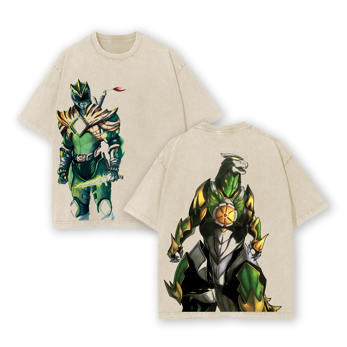Green Ranger x Dragonzord Mighty Morphinn Power Rangers Edition Double Printed Oversize Lightweight Acid Washed Tee