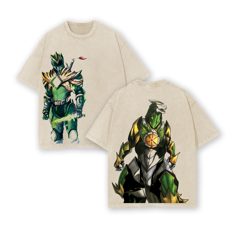 Green Ranger x Dragonzord Mighty Morphinn Power Rangers Edition Double Printed Oversize Lightweight Acid Washed Tee