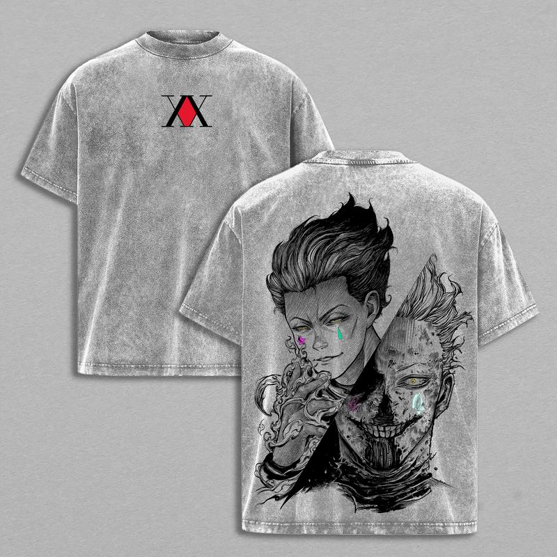 Hisoka Hunter x Hunter T-Shirt – Vintage Washed Oversized Anime Graphic Tee, Culling Game Arc Inspired Streetwear, Soft Cotton Unisex Apparel, Gift for HxH Fans