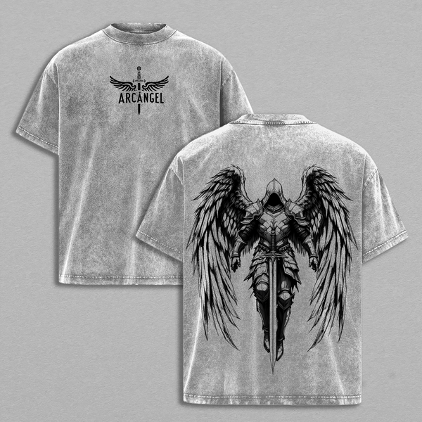 Arcangel Saint Michael T-Shirt, Sweatshirt, Hoodie Washed - Holy Warrior Angel Graphic Shirt, Sword and Wings Vintage Washed Top, Christian Gothic Streetwear Outfit Church - Gym Pump Cover Jesus Apparel