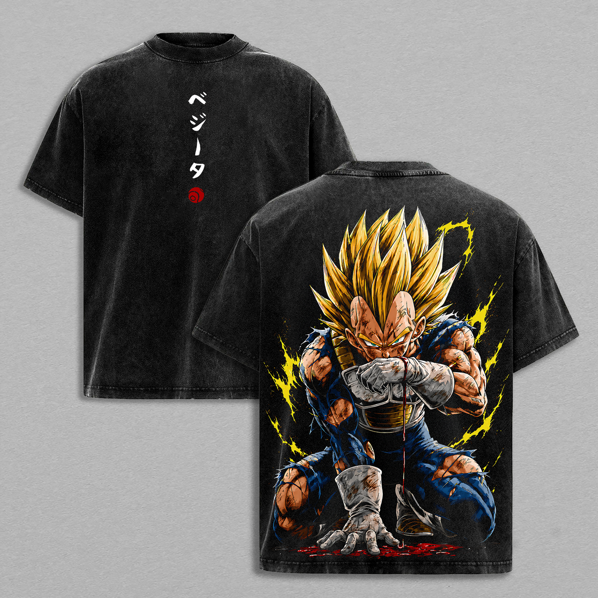 Saiyan Prince Golden Warrior Vintage Washed Oversized Tee, Super Power Anime Fighter Heavyweight Cotton Streetwear Graphic Shirt