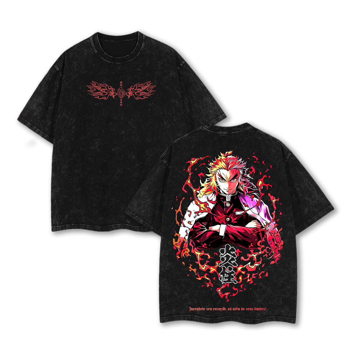 Kyojuro Rengoku - Demon Slayer Anime Double Printed Vintage Washed Tee Unisex Oversize Anime Manga Washed Heavyweight Cotton T-shirt