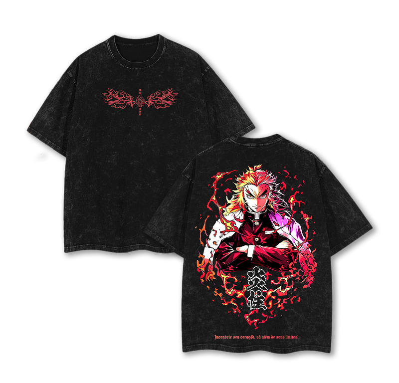 Kyojuro Rengoku - Demon Slayer Anime Double Printed Vintage Washed Tee Unisex Oversize Anime Manga Washed Heavyweight Cotton T-shirt