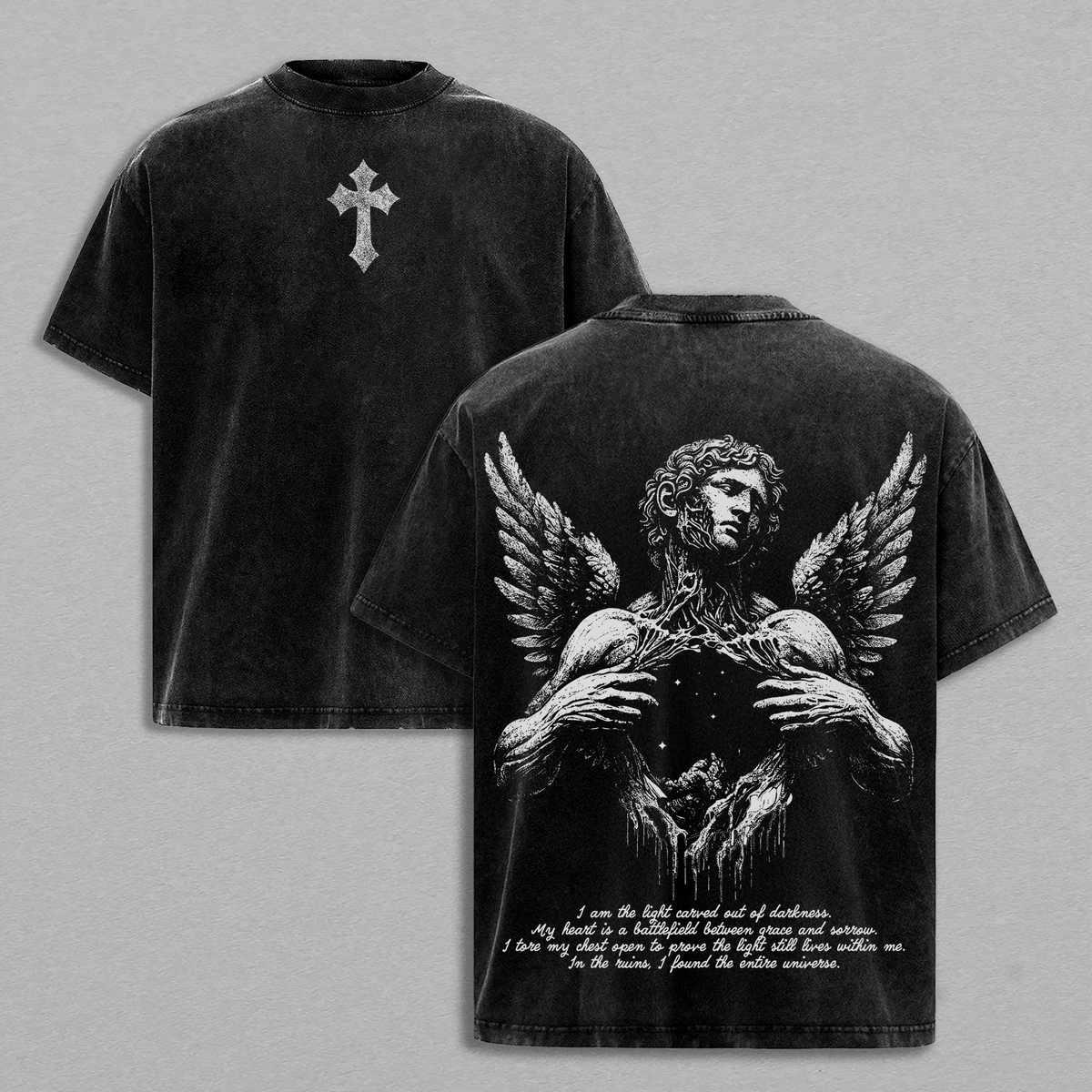 Fallen Angel Vintage Washed Tee  Dark Aesthetic Streetwear  Broken Wings Faith Graphic Shirt  Light Within Darkness Design  Emotional Art Tee  Jesus Apparel Christian Bible Verse