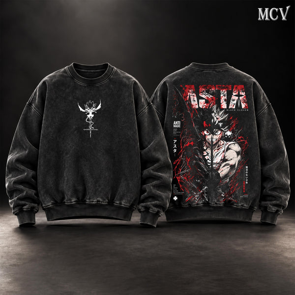 Asta Black Clover Vintage Washed Oversized Sweatshirt, Double-Sided Anti Magic Anime Graphic Crewneck, Demon Form Asta Sword Artwork, Retro 90s Y2K Streetwear, Unisex Black Clover Fan Gift