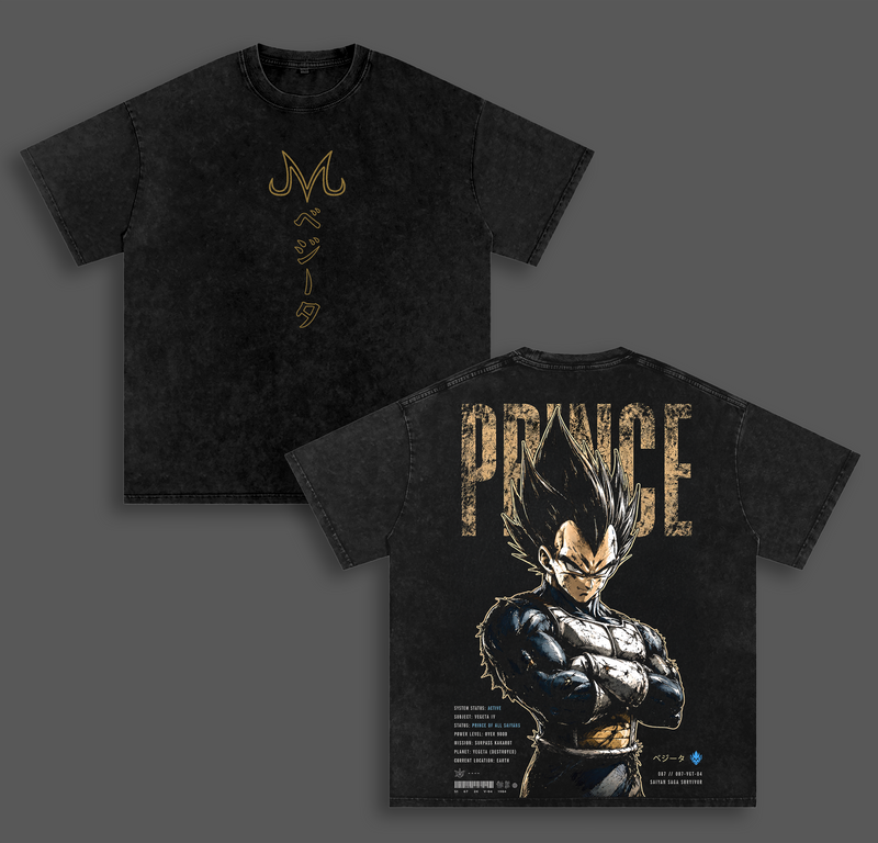 Vegeta Saiyan Prince Dragon Ball Z Vintage Washed T Shirt, Anime Warrior Graphic Tee, Oversized Heavyweight Cotton Streetwear Top Tshirt, Gift for Anime Fans Men & Women