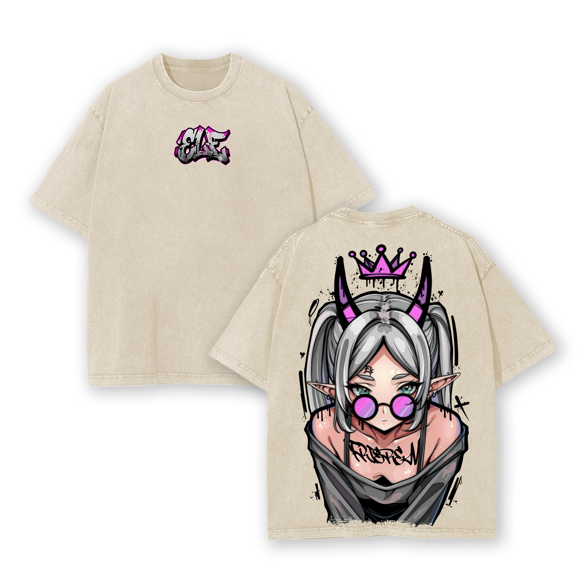 Frieren Streetwear Vintage Washed Anime T-Shirt | Demon Elf Girl Purple Crown Graphic Tee