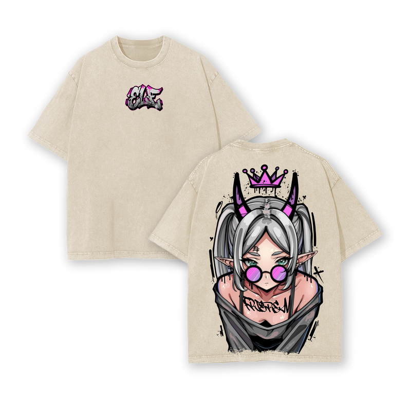 Frieren Streetwear Vintage Washed Anime T-Shirt | Demon Elf Girl Purple Crown Graphic Tee