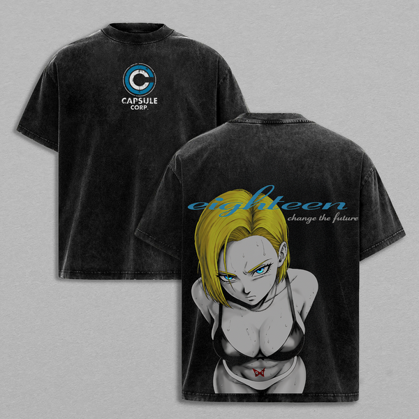 Android 18 DBZ Anime Double Printed Vintage Washed Tee Unisex Oversize Heavyweight Cotton T-shirt for Anime Fans and Lovers