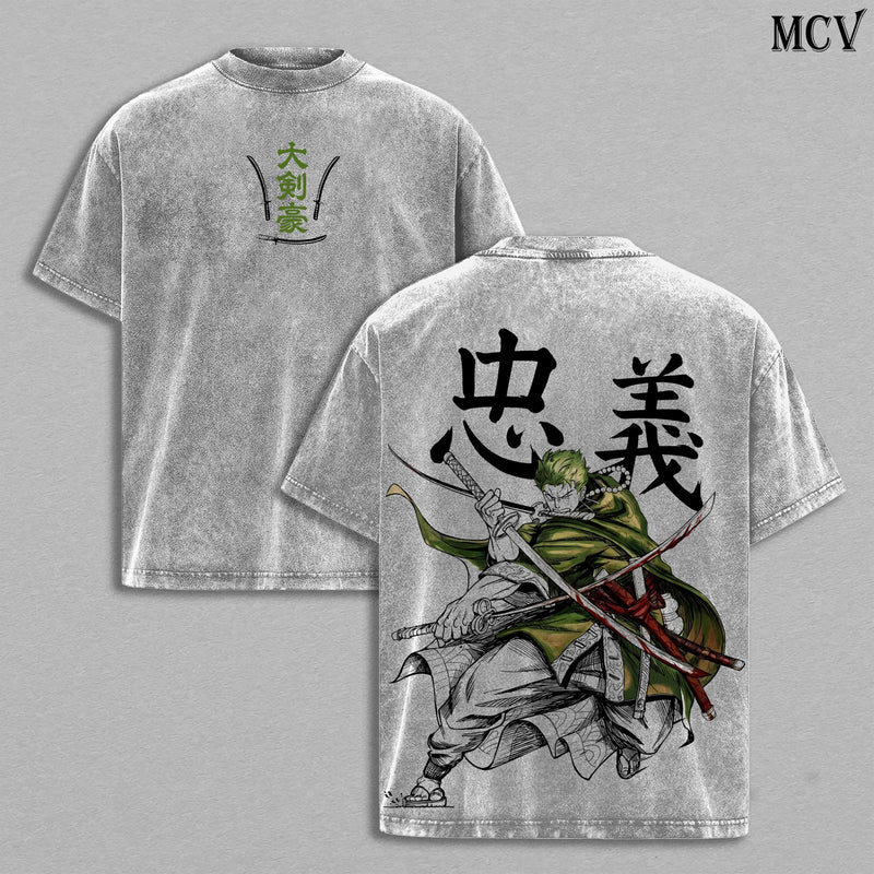 Zoro Three Sword Style Anime Vintage Washed T-Shirt, Samurai Swordsman Graphic Tee, Manga Streetwear Shirt Heavy Cotton