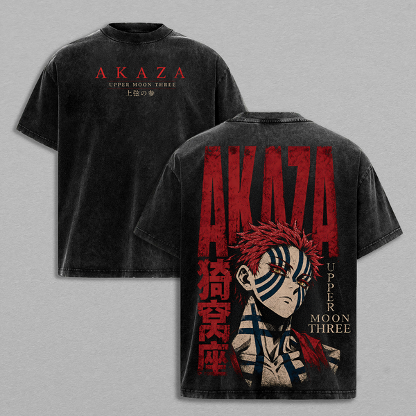 Akaza Demon Slayer Upper Moon Three Infinity Castle Anime Double Printed Vintage Washed Tee Unisex Oversize Manga Heavyweight Cotton T-Shirt